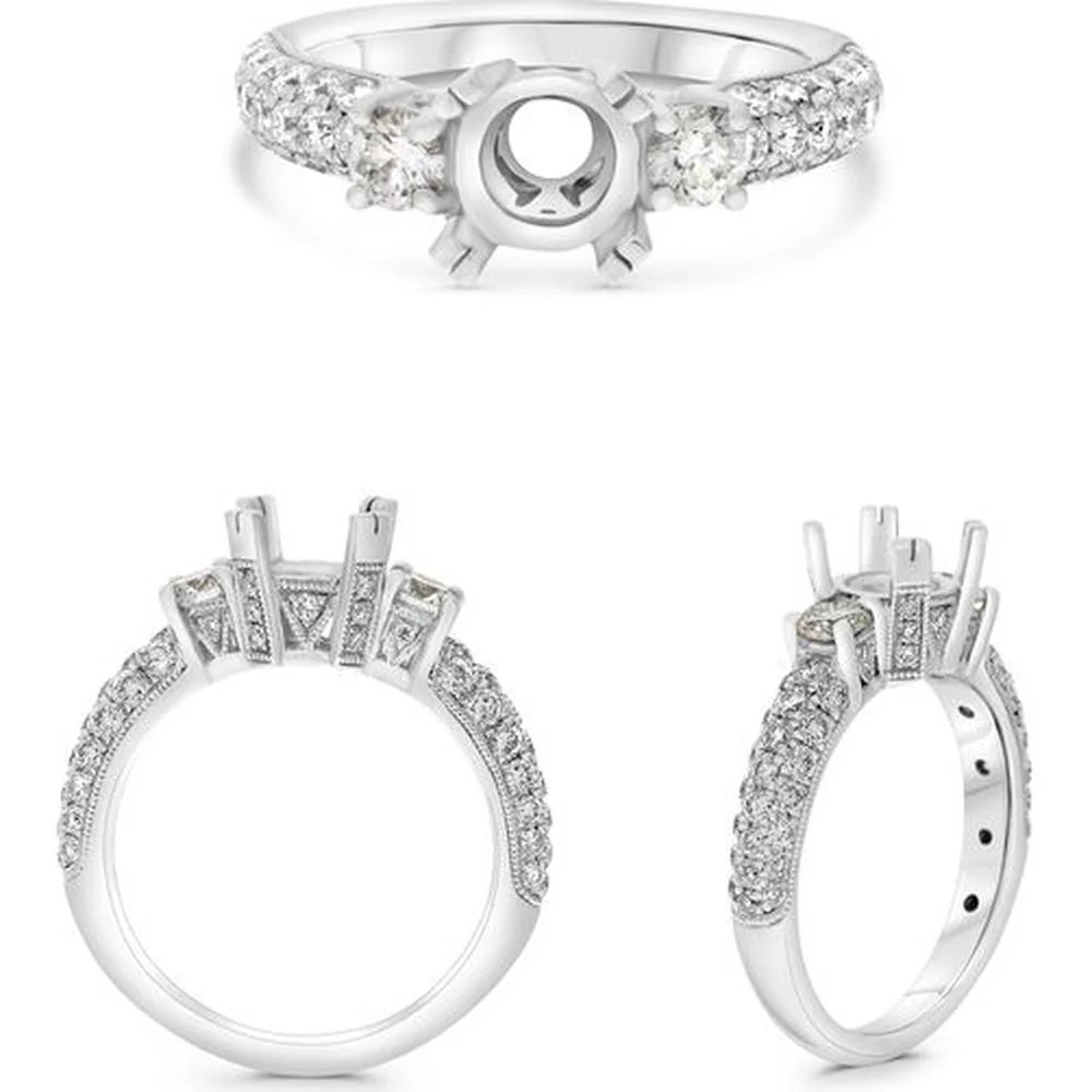 Roman & Jules - 18K White Gold Round Diamond Ring with Pavé-Set Diamonds - 1.11 Carat Total Diamond Weight
