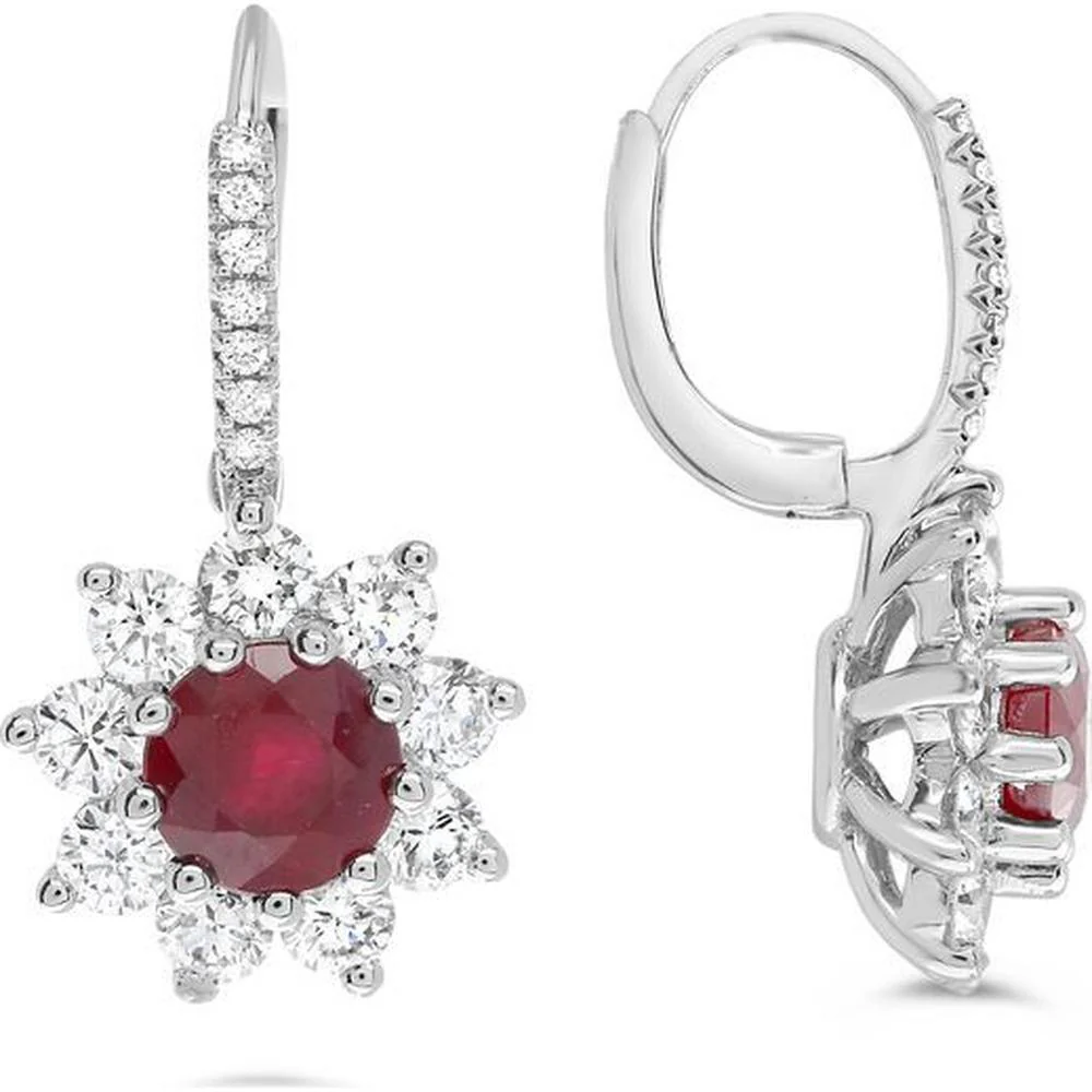 Roman & Jules - 18K White Gold Round Ruby and Diamond Halo Earrings - 1.00 Carat Total Ruby Weight, 1.34 Carat Total Diamond Weight