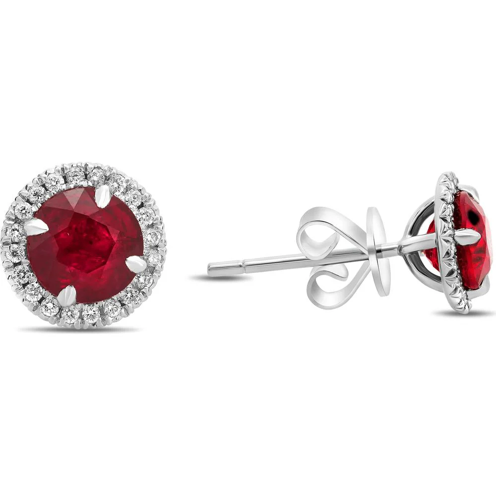 Roman & Jules - 18K White Gold Round Ruby & Diamond Halo Stud Earrings - 2.67 Carat Total Ruby & Diamond Weight