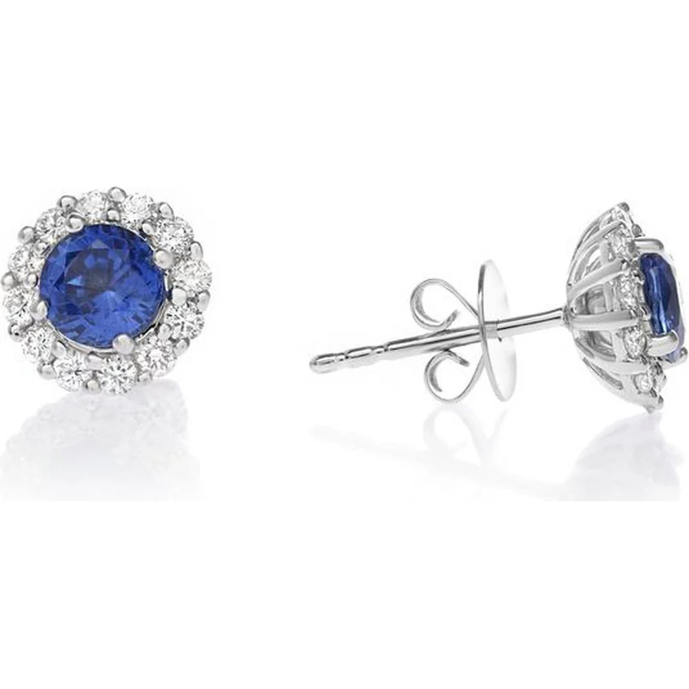 Roman & Jules - 18K White Gold Round Sapphire Halo Stud Earrings with Diamonds - 1.17 Carat Total Diamond Weight