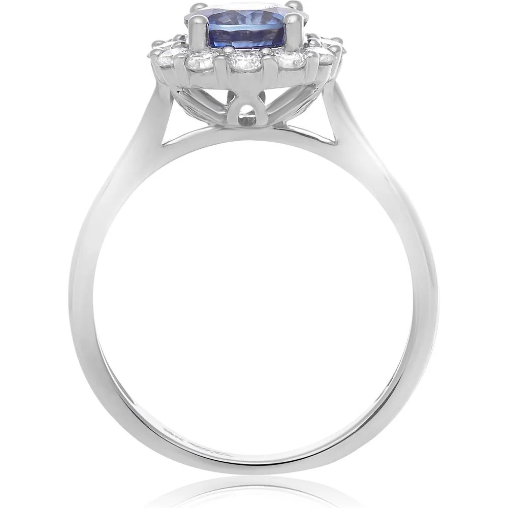 Roman & Jules - 18K White Gold Round Sapphire Ring with Halo of Round Diamonds - 1.88 Carat Total Sapphire Weight, 0.41 Carat Total Diamond Weight