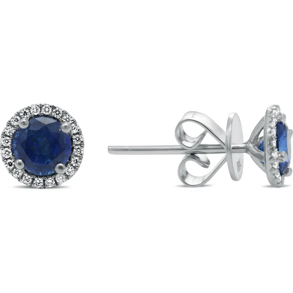 Roman & Jules - 18K White Gold Round Sapphire Stud Earrings with Diamond Halo - 1.08 Carat Sapphire, 0.18 Carat Total Diamond Weight