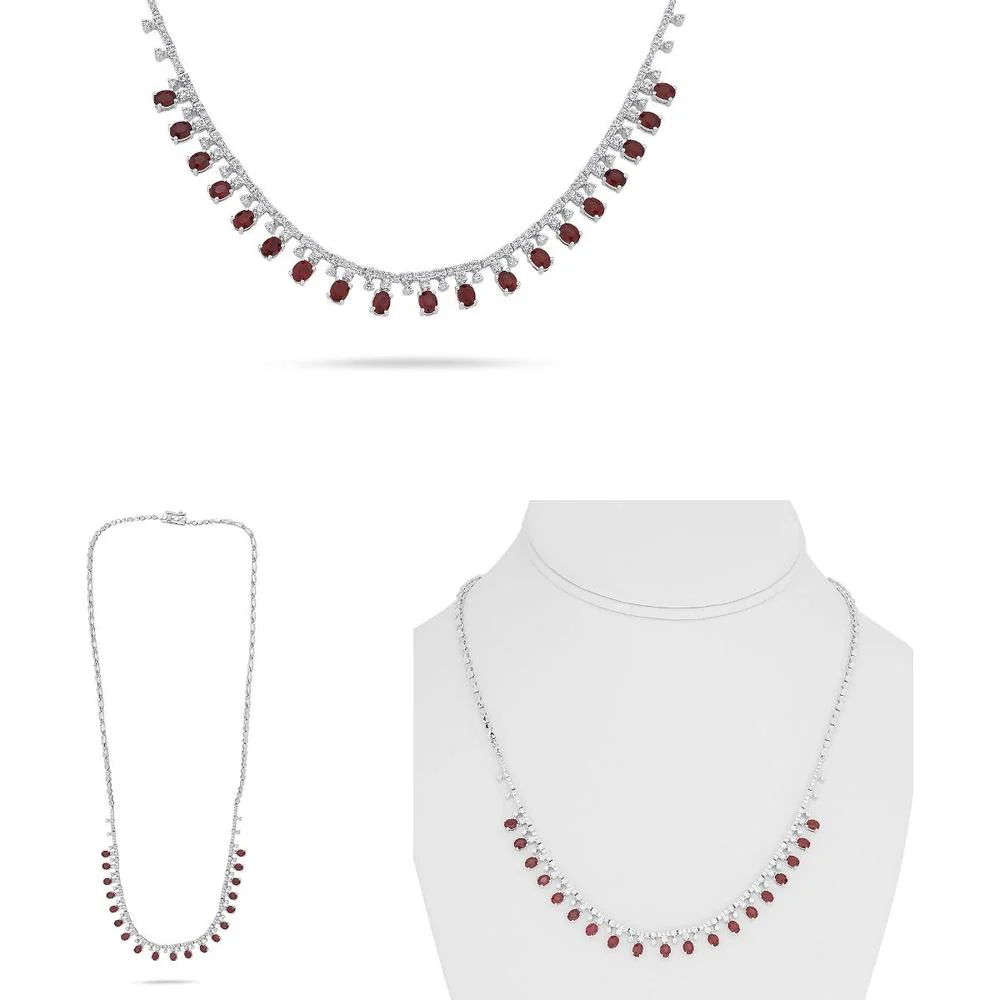 Roman & Jules - 18K White Gold Ruby and Diamond Necklace with Round Diamonds - 3.53 Carat Total Gem Weight