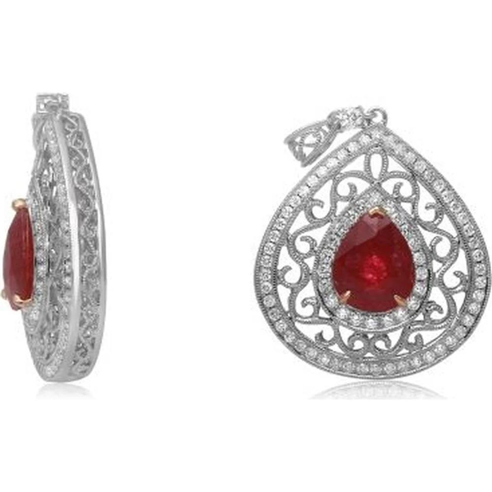 Roman & Jules - 18K White Gold Ruby Pendant with Diamond Halo - 3.15 Carat Total Ruby Weight