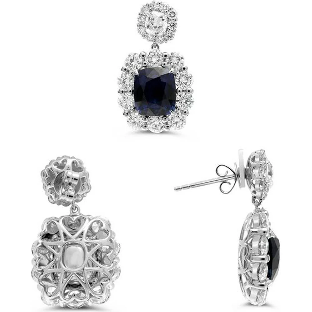 Roman & Jules - 18K White Gold Sapphire and Diamond Drop Earrings - 8.08 Carat Total Gem Weight