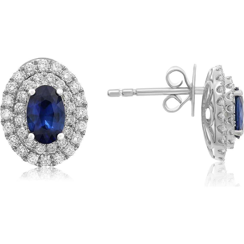 Roman & Jules - 18K White Gold Sapphire Double Halo Stud Earrings with 0.98 Carat Total Round Diamonds