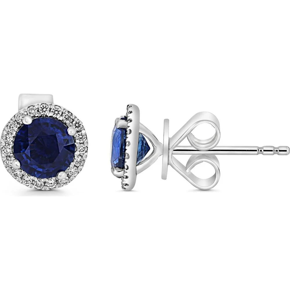 Roman & Jules - 18K White Gold Sapphire Halo Stud Earrings with Round Diamonds - 1.83 Carat Total Sapphire Weight