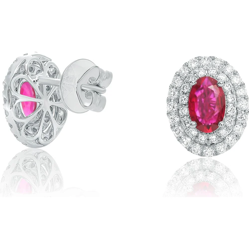 Roman & Jules - 18K White Gold Stud Earrings with Oval Ruby and Round Diamond Halo - 1.20 Carat Total Gem Weight