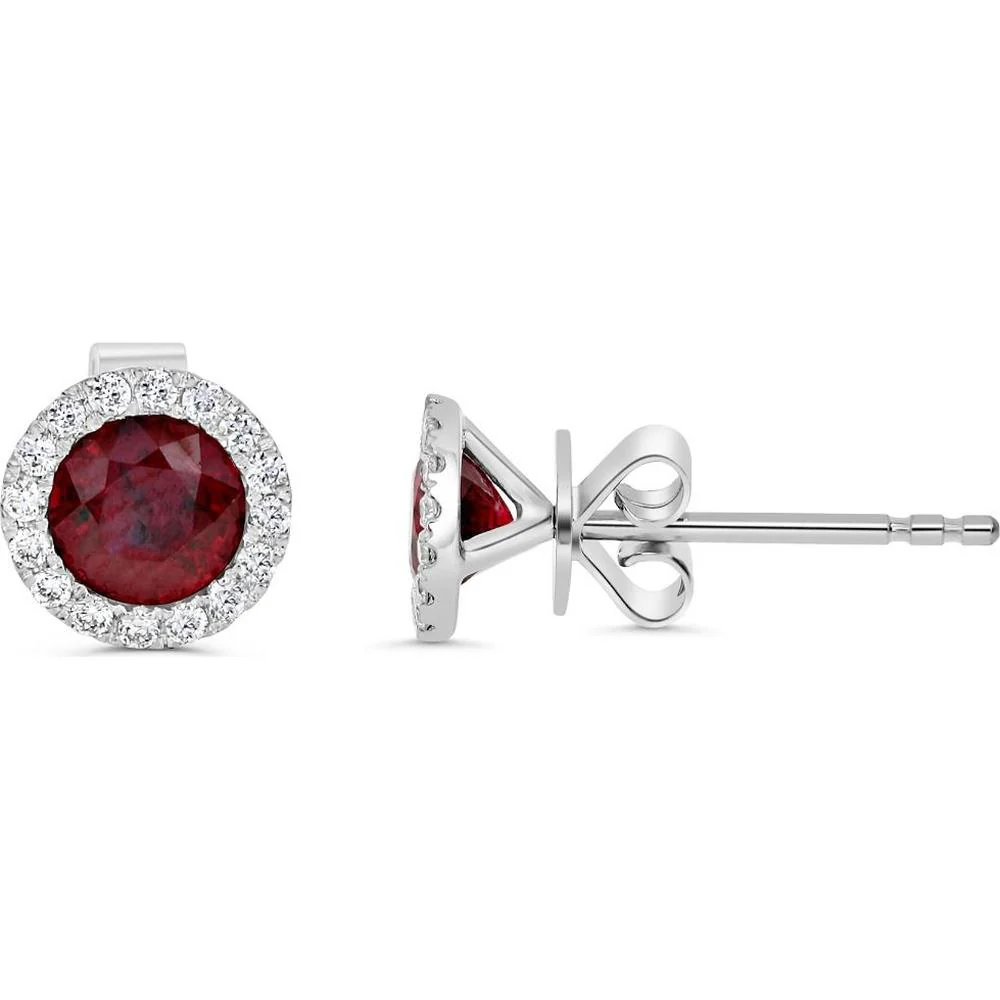 Roman & Jules - 18K White Gold Stud Earrings with Ruby and Round Diamonds - 0.87 Carat Total Ruby Weight, 0.26 Carat Total Diamond Weight