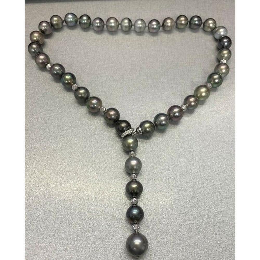 Roman & Jules - 18K White Gold Tahitian Pearl Lariat Necklace with 0.23 Carat Round Diamond Accents