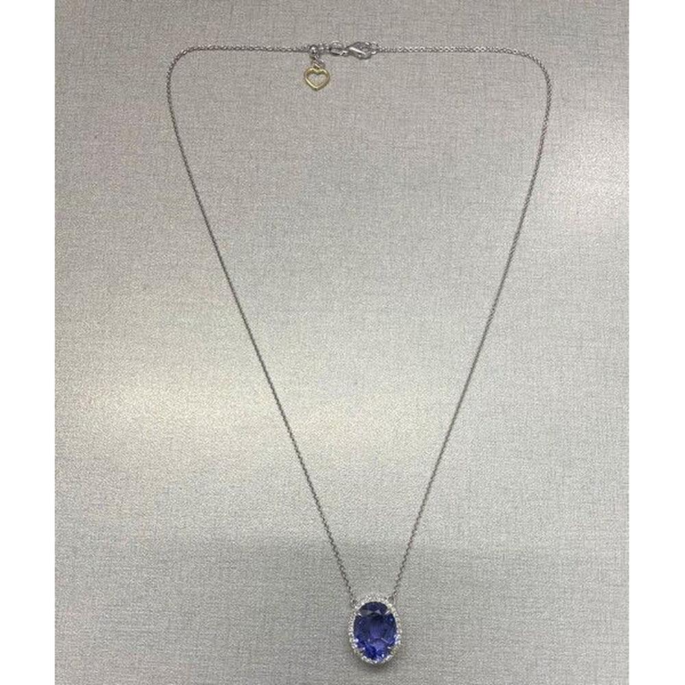 Roman & Jules - 18K White Gold Tanzanite Necklace with Diamond Halo - 5.89 Carat Total Tanzanite Weight