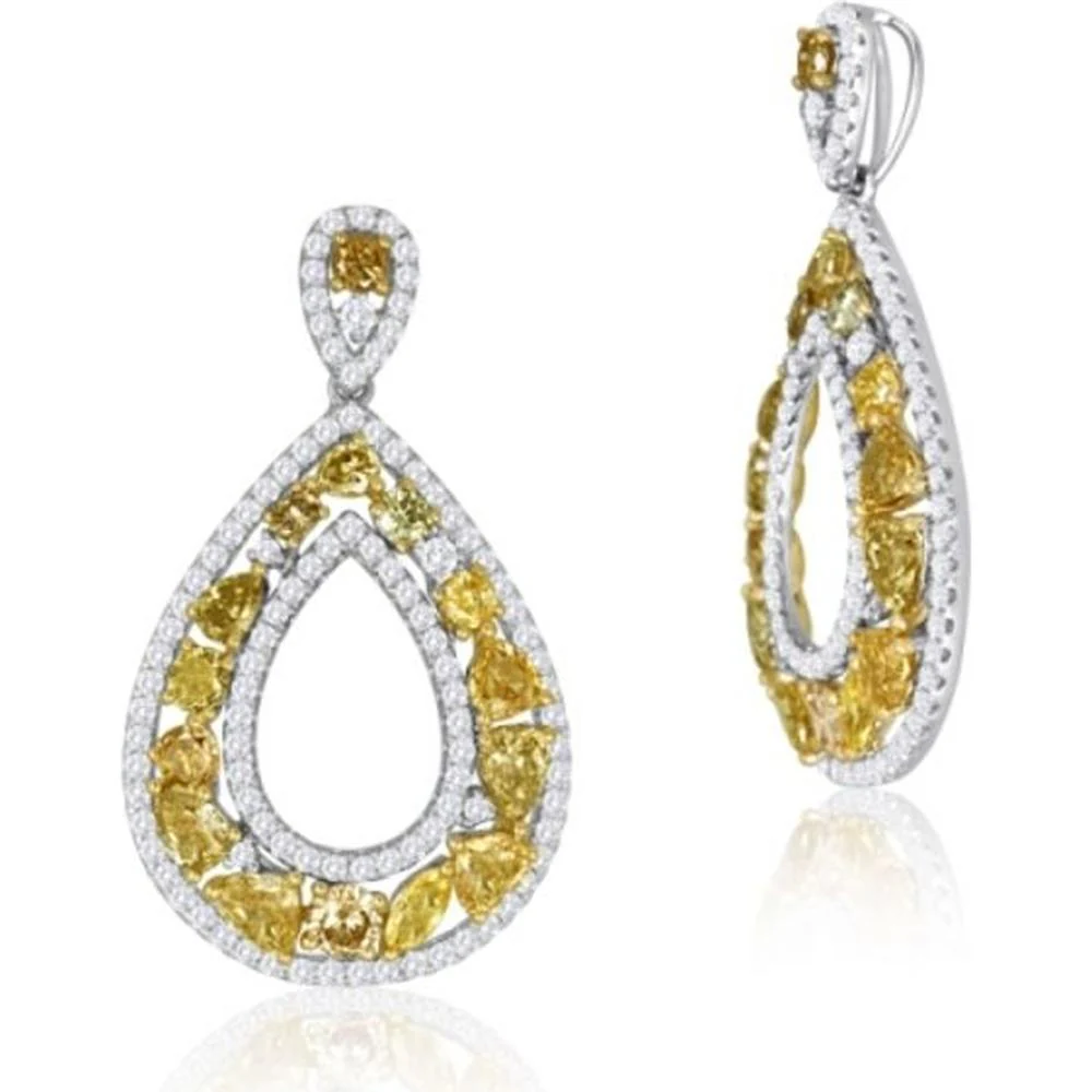 Roman & Jules - 18K White Gold Teardrop Earrings with Fancy Yellow Diamonds and Round White Diamonds - 1.36 Carat Total Diamond Weight
