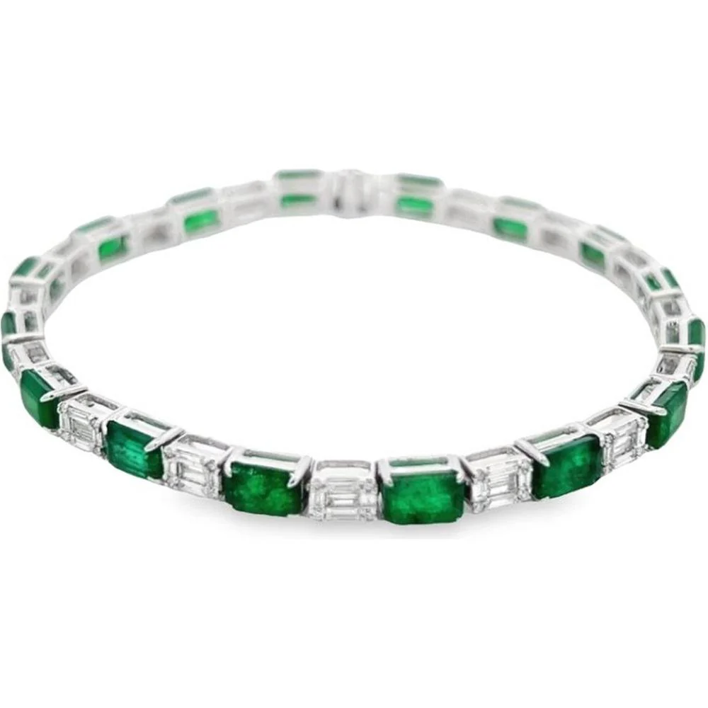 Roman & Jules - 18K White Gold Tennis Bracelet with Emerald Cut Emeralds and Baguette Diamonds - 8.66 Carat Total Emerald Weight