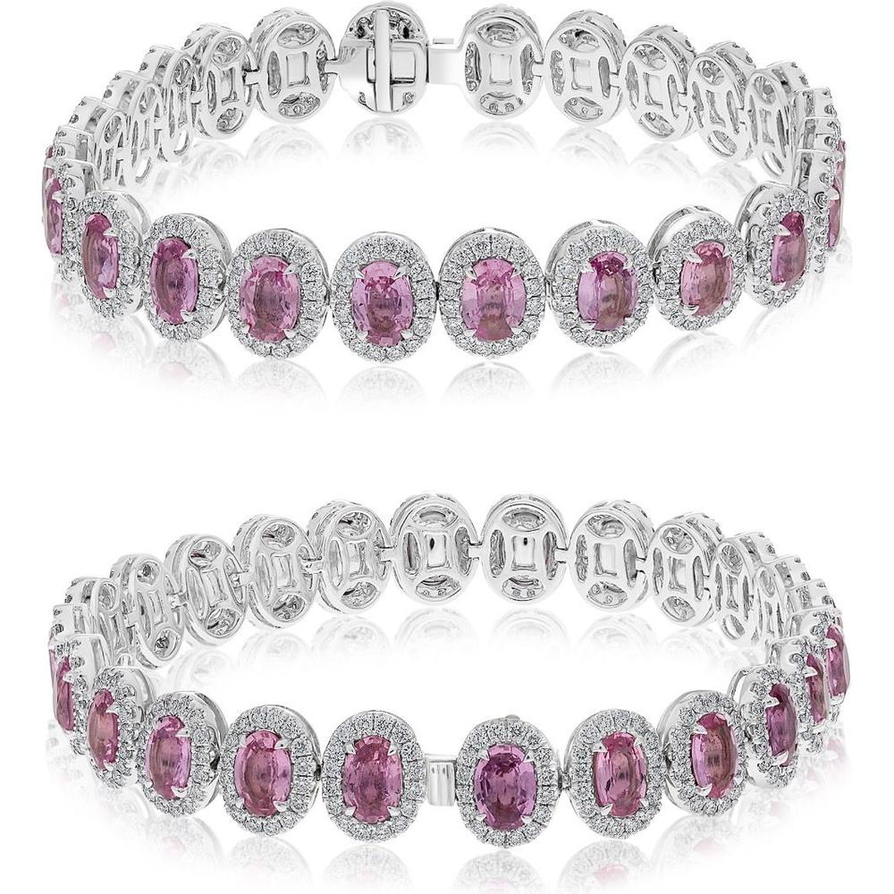 Roman & Jules - 18K White Gold Tennis Bracelet with Oval Pink Sapphires and Round Diamond Halo - 11.82 Carat Total Gem Weight