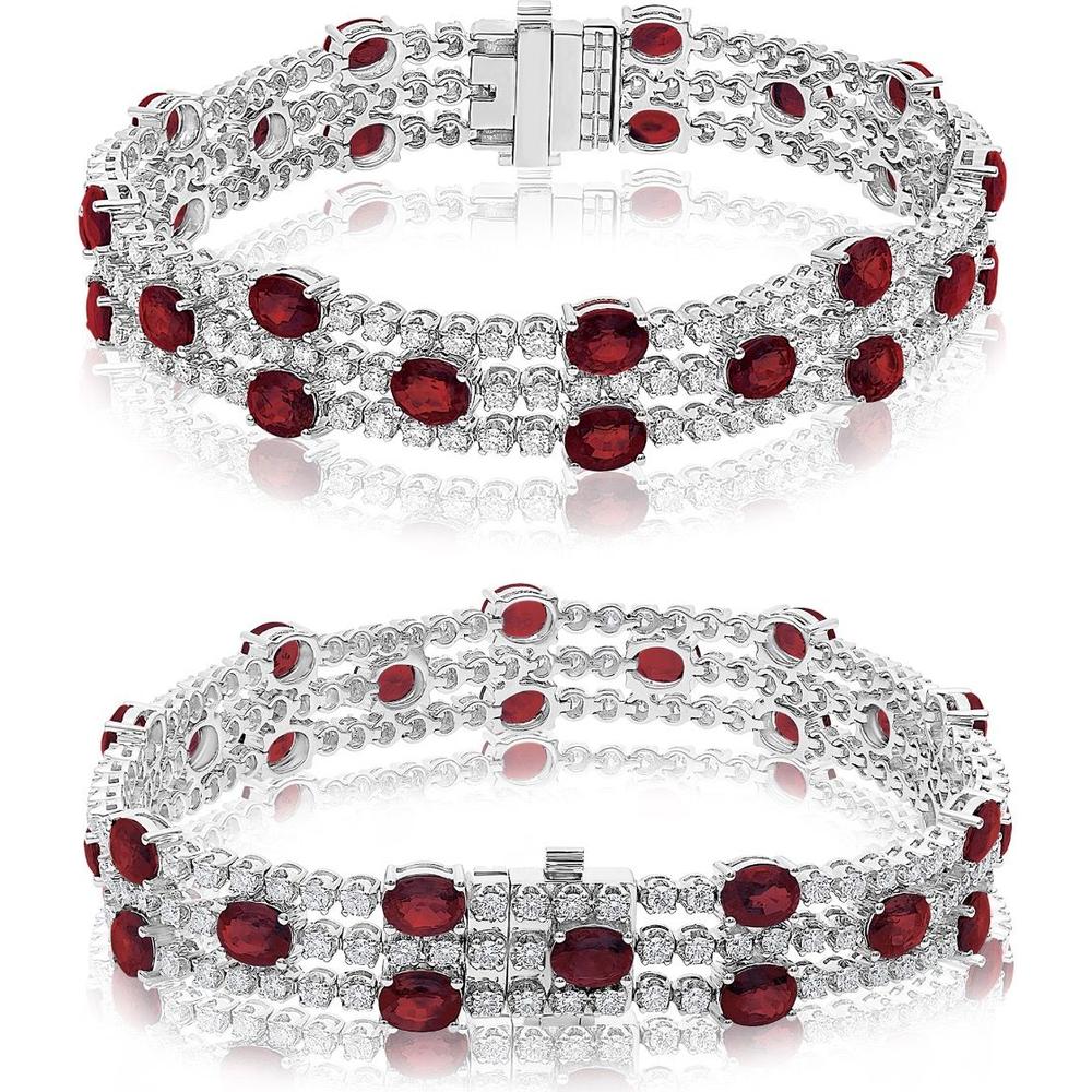 Roman & Jules - 18K White Gold Tennis Bracelet with Oval Rubies and Round Diamonds - 7.78 Carat Total Ruby Weight
