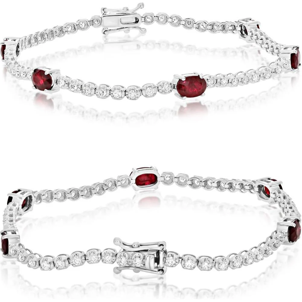 Roman & Jules - 18K White Gold Tennis Bracelet with Oval Ruby and Round Diamond Illusion Setting - 1.00 Carat Total Diamond Weight