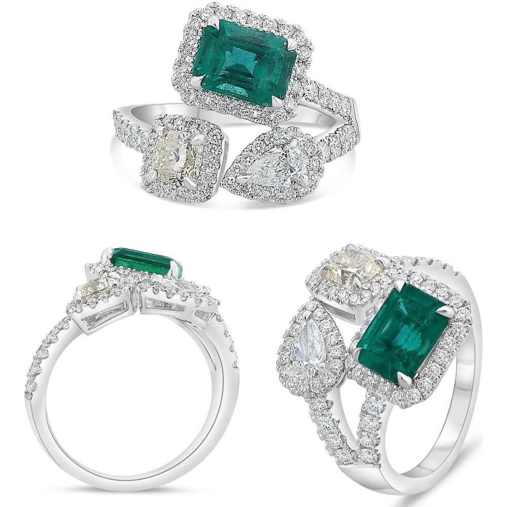 Roman & Jules - 18K White Gold Three Row Diamond and GIA Certified Emerald Ring - 2.19 Carat Total Gem Weight