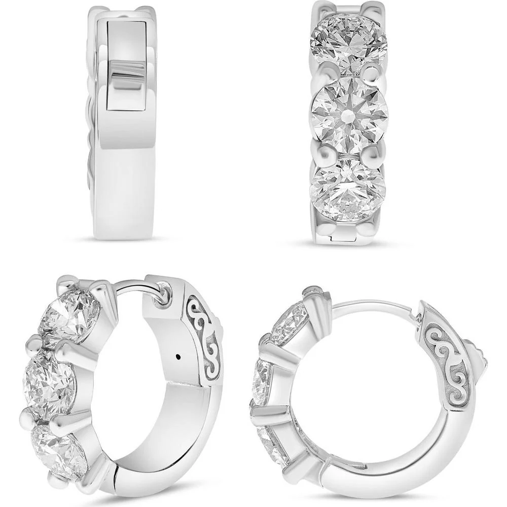 Roman & Jules - 18K White Gold Three Stone Diamond Hoop Earrings - 1.50 Carat Total Diamond Weight