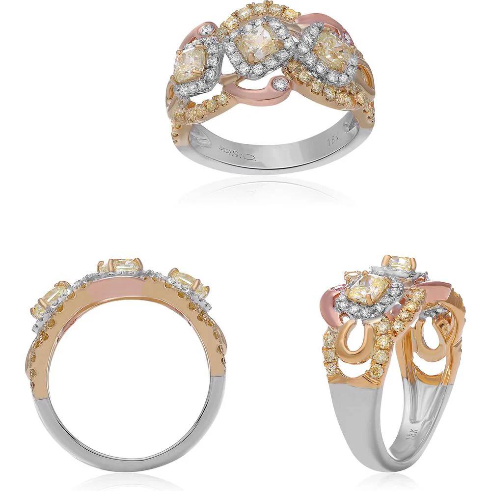 Roman & Jules - 18K White, Rose, and Yellow Gold Fancy Yellow Diamond Halo Ring with Radiant and Round Diamonds - 1.19 Carat Total Diamond Weight