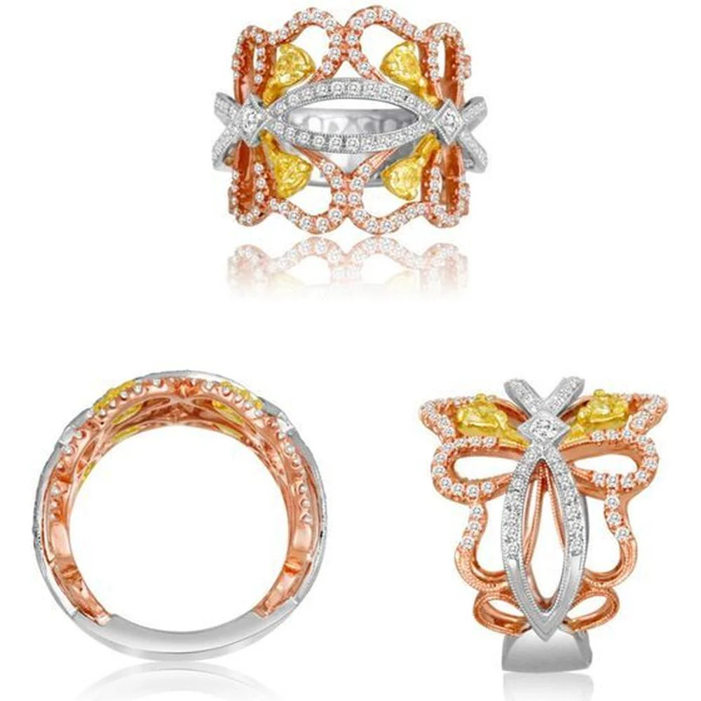 Roman & Jules - 18K White, Rose, and Yellow Gold Fancy Yellow Diamond Pear Shape Ring with Round White Diamonds - 1.05 Carat Total Diamond Weight