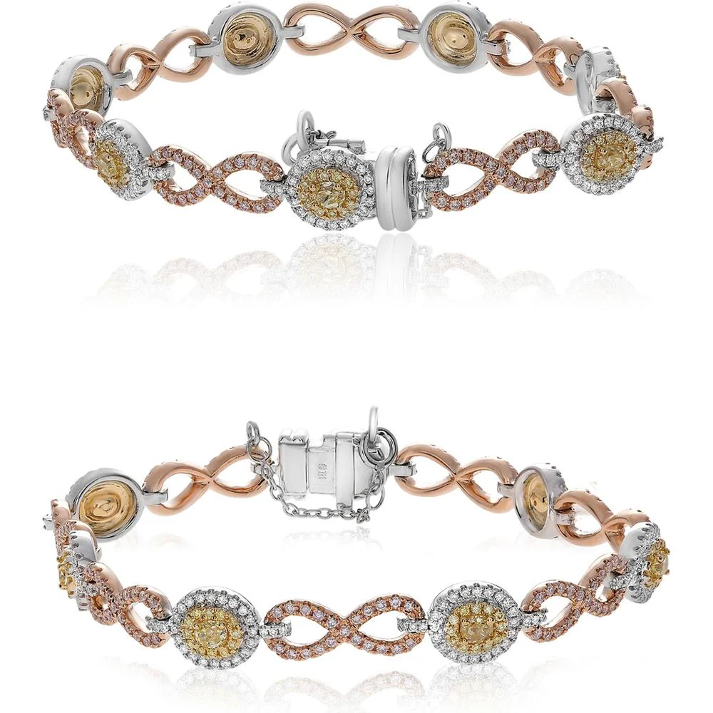 Roman & Jules - 18K White, Yellow, and Rose Gold Bracelet with Fancy Yellow, Round White, and Pink Diamonds - 2.65 Carat Total Diamond Weight