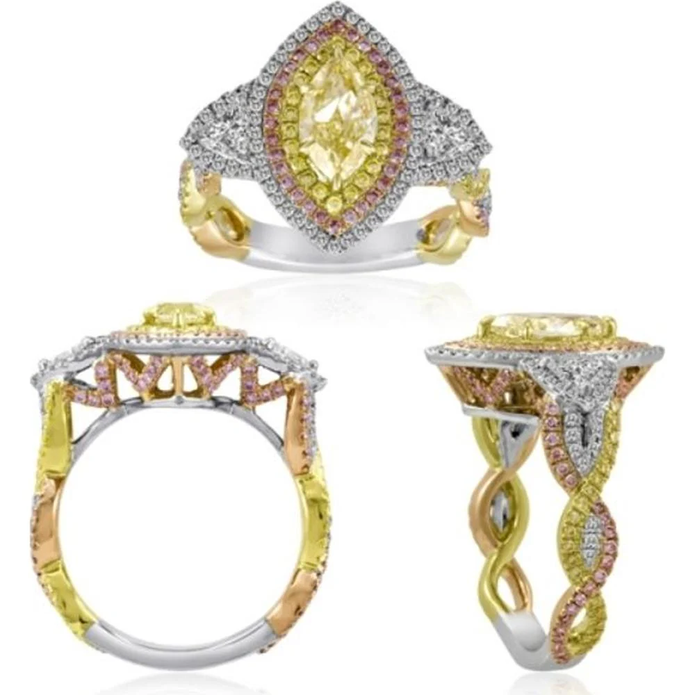 Roman & Jules - 18K White, Yellow, and Rose Gold Marquise Fancy Yellow Diamond Ring with Pink and White Diamond Accents - 0.42 Carat Total Diamond Weight