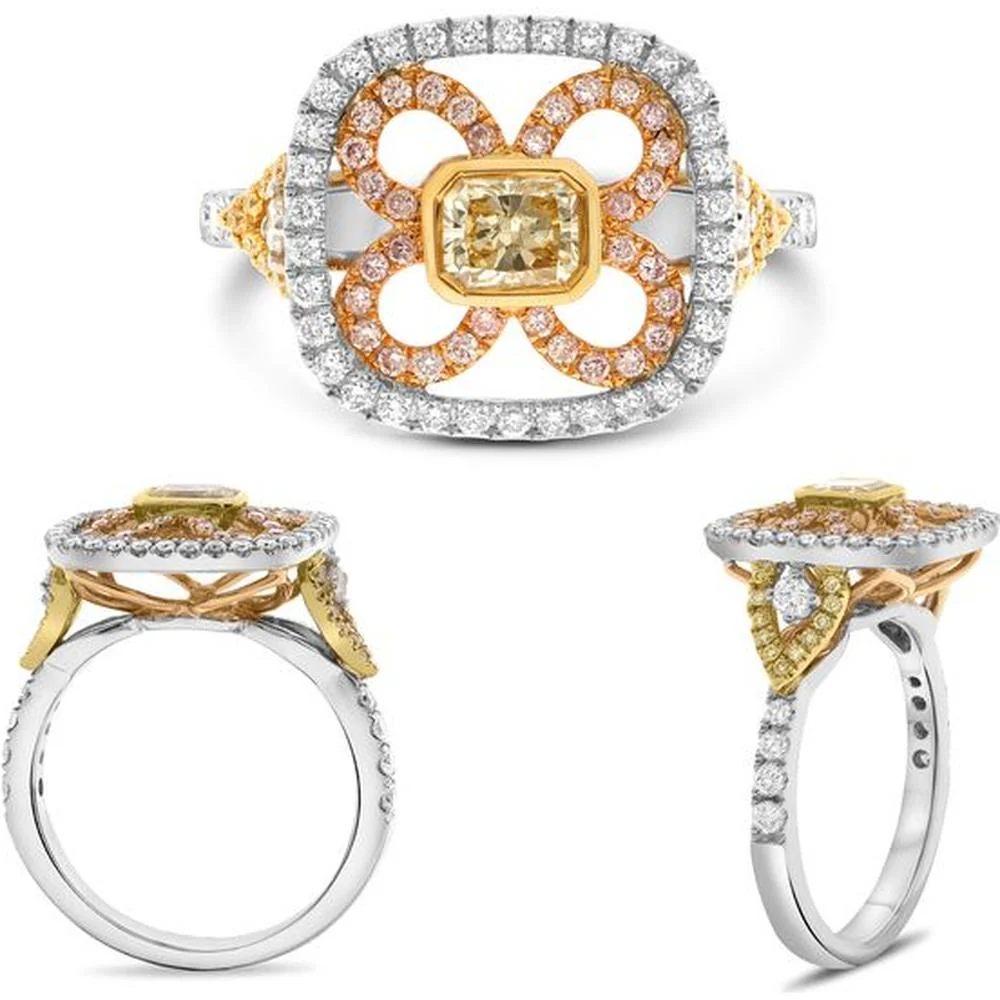 Roman & Jules - 18K White, Yellow, and Rose Gold Radiant Fancy Yellow Diamond Ring with Pink and Round Diamonds - 1.13 Carat Total Diamond Weight