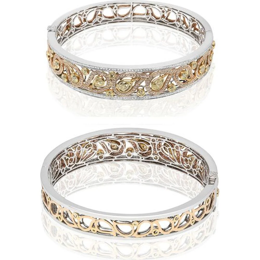 Roman & Jules - 18K White, Yellow, and Rose Gold Tri-Colored Paisley Diamond Bangle with Fancy Yellow, Pink, and Round Diamonds - 2.09 Carat Total Diamond Weight