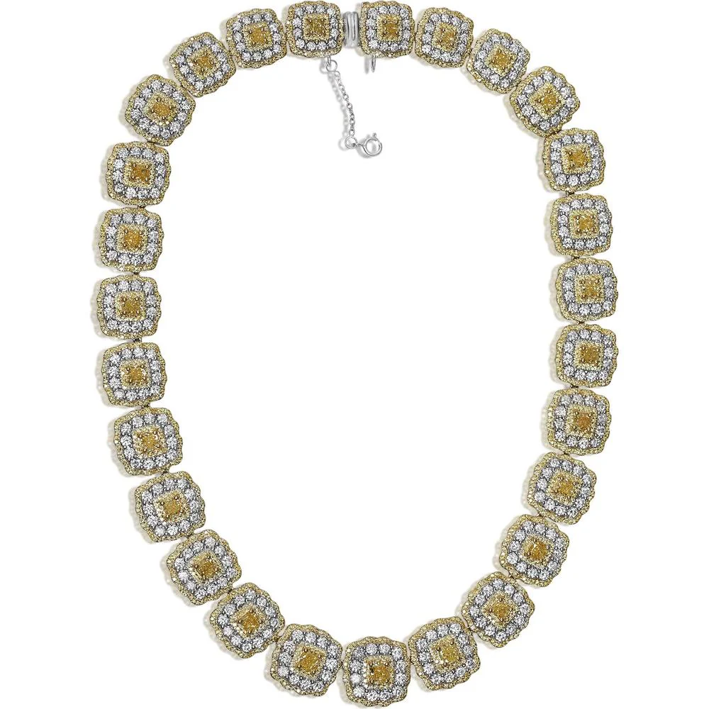 Roman & Jules - 18K Yellow and White Gold Cushion Fancy Yellow Diamond Necklace with Round Diamonds - 19.31 Carat Total Diamond Weight