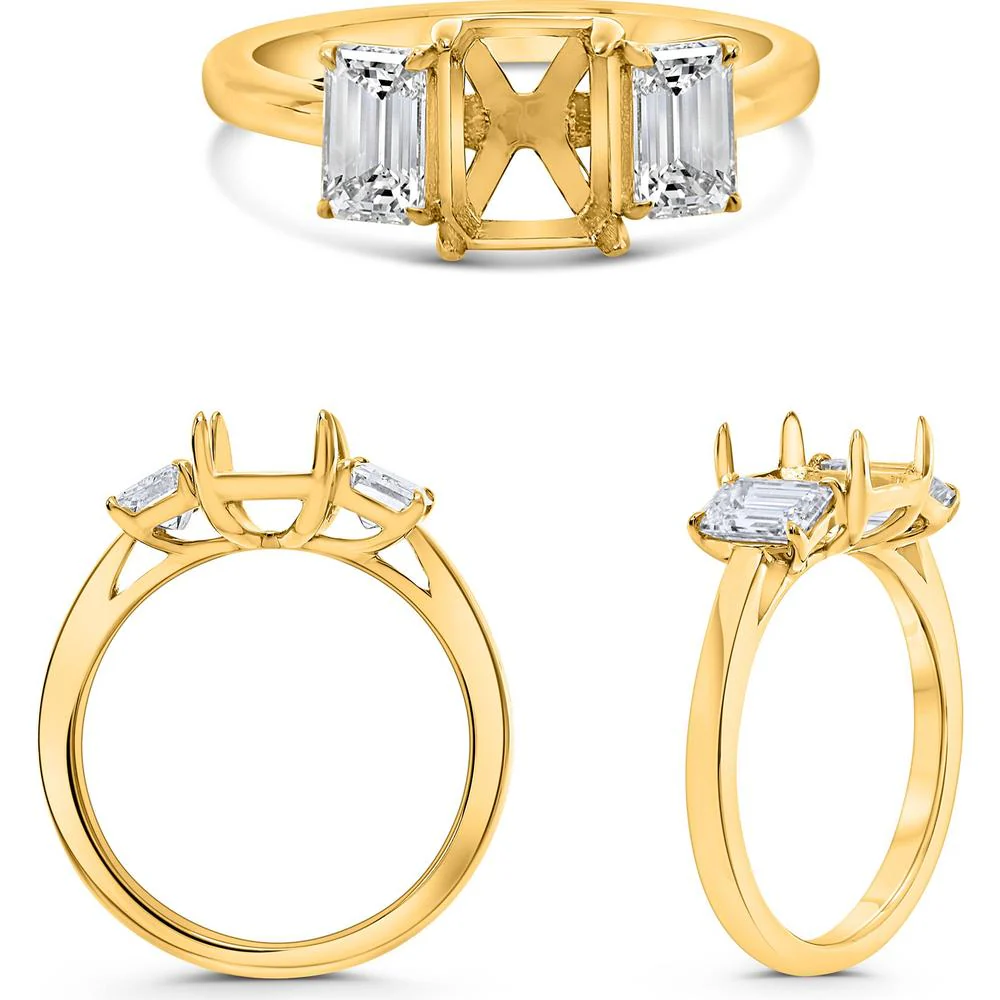 Roman & Jules - 18K Yellow Gold 3-Stone Emerald Cut Diamond Semi Mount Ring - 1.00 Carat Total Diamond Weight