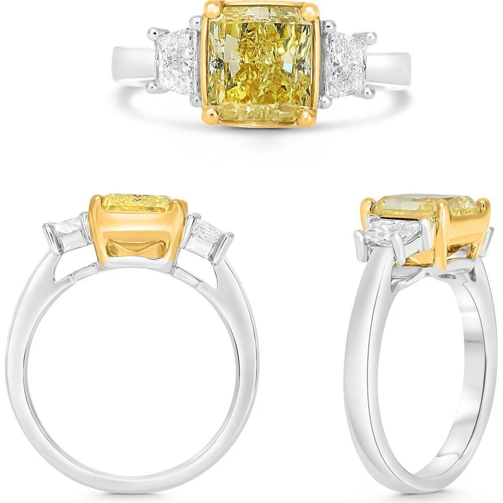 Roman & Jules - 18K Yellow Gold and Platinum Cushion Cut Fancy Yellow Diamond Ring with Trapezoidal Diamonds - 2.37 Carat Total Diamond Weight