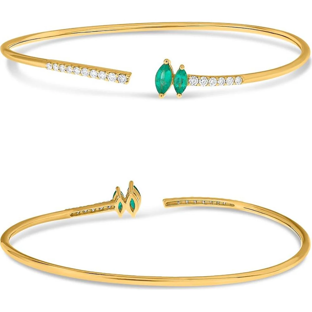 Roman & Jules - 18K Yellow Gold Bangle with Marquise Emeralds and Round White Diamonds - 0.70 Carat Total Gem Weight