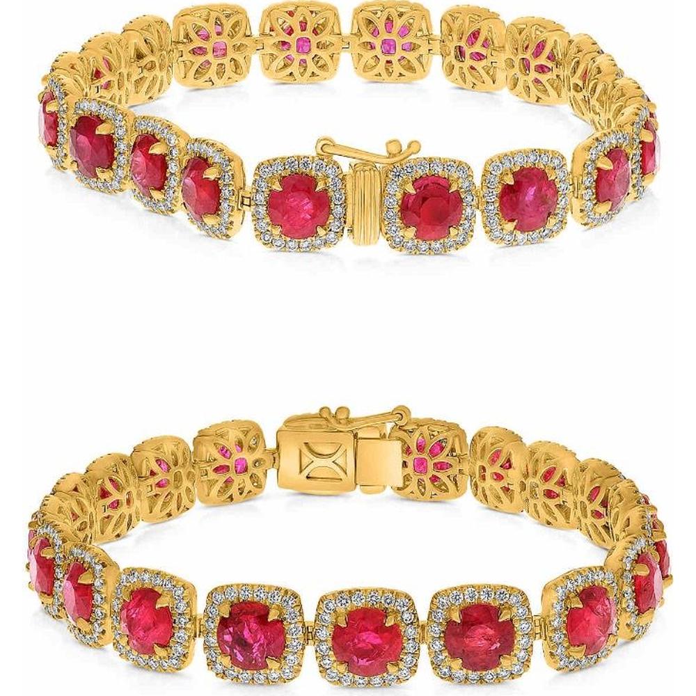 Roman & Jules - 18K Yellow Gold Bracelet with Halo Set Cushion Cut Rubies and Round Diamonds - 15.13 Carat Total Ruby Weight