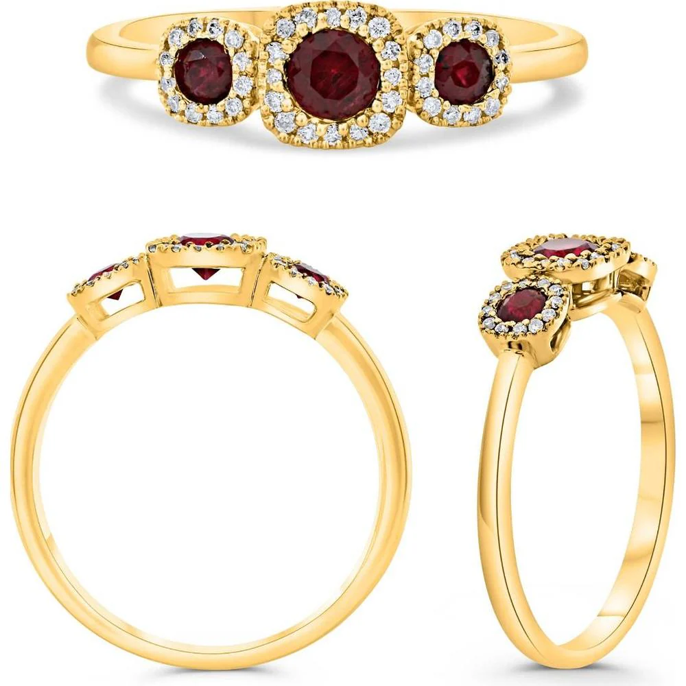 Roman & Jules - 18K Yellow Gold Cushion Cut Ruby Ring with Round Diamond Halo - 0.38 Carat Total Diamond Weight