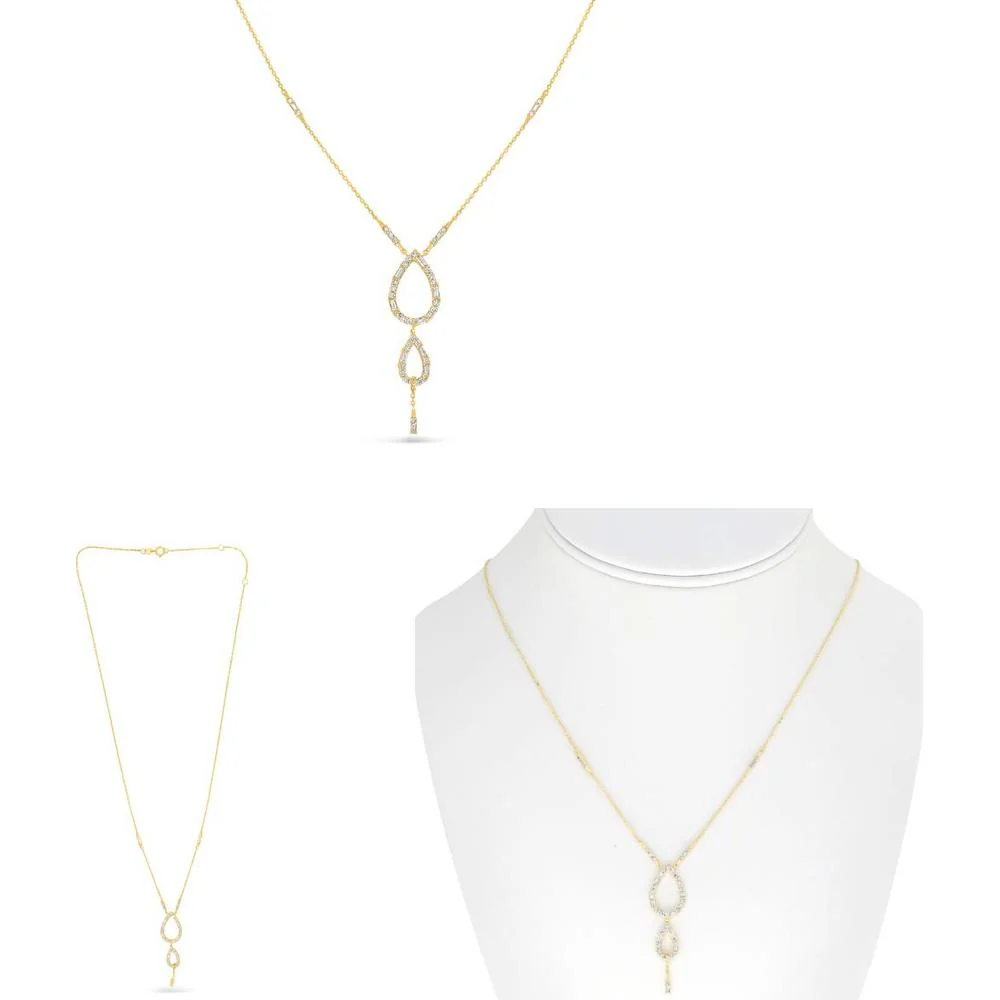 Roman & Jules - 18K Yellow Gold Double Pear Drop Necklace with Round and Baguette Diamonds - 0.45 Carat Total Diamond Weight