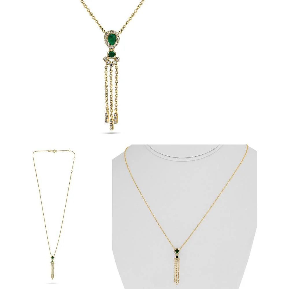 Roman & Jules - 18K Yellow Gold Drop Necklace with Emerald and Diamond Pendant - 0.14 Carat Emerald, 0.10 Carat Diamond