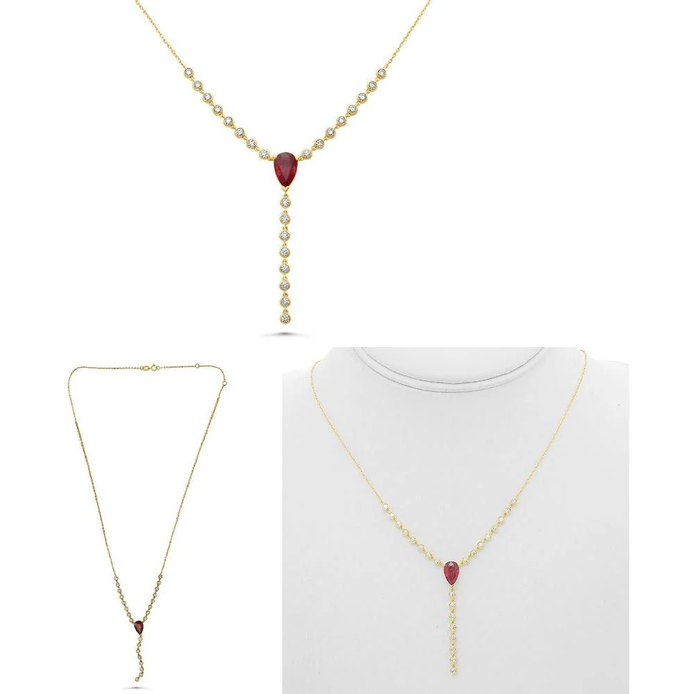 Roman & Jules - 18K Yellow Gold Drop Necklace with GIA-Certified Ruby and Round Diamonds - 2.02 Carat Ruby, 0.68 Carat Diamond Total Weight