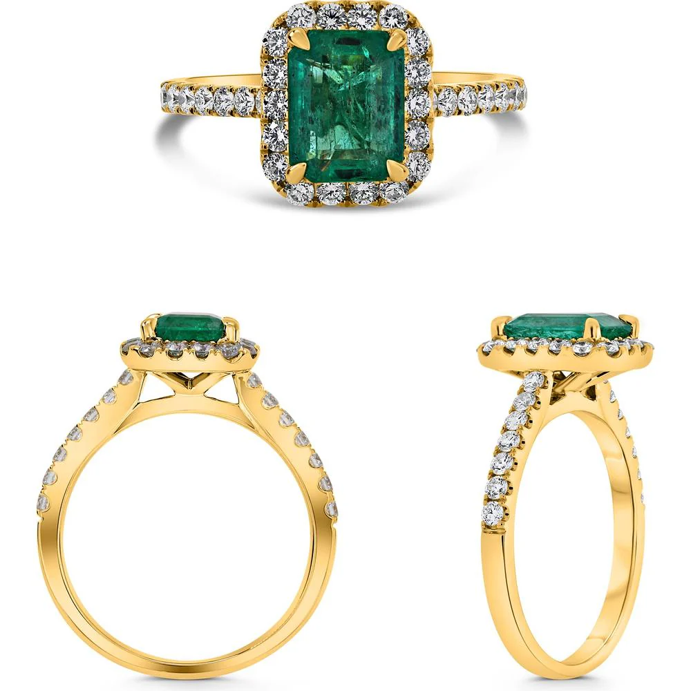 Roman & Jules - 18K Yellow Gold Emerald and Diamond Halo Engagement Ring with Round Diamonds - 0.57 Carat Diamond, 1.86 Carat Emerald