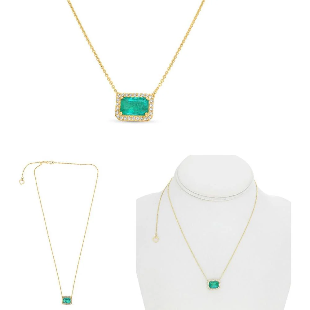 Roman & Jules - 18K Yellow Gold Emerald and Diamond Halo Pendant Necklace - 2.07 Carat Emerald, 0.19 Carat Total Diamond Weight