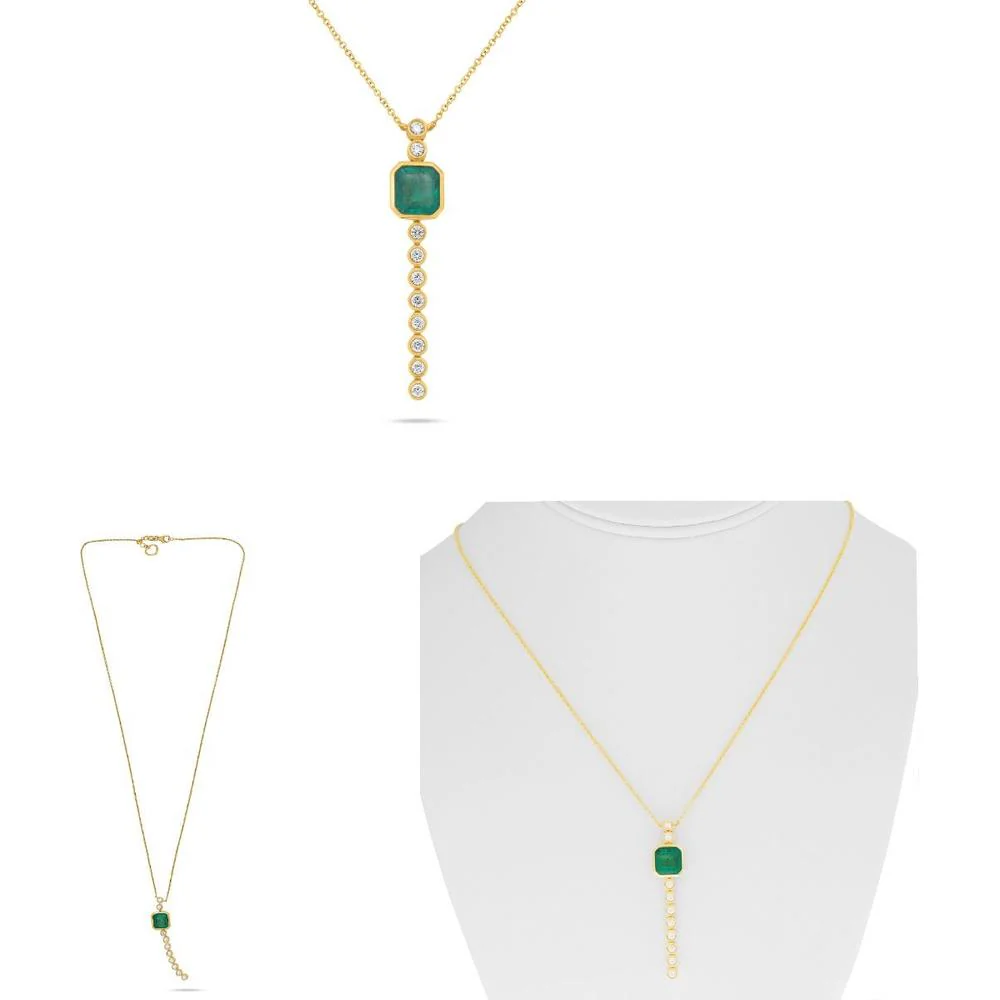 Roman & Jules - 18K Yellow Gold Emerald Cut Emerald and Diamond Drop Necklace - 1.62 Carat Total Emerald Weight, 0.38 Carat Total Diamond Weight