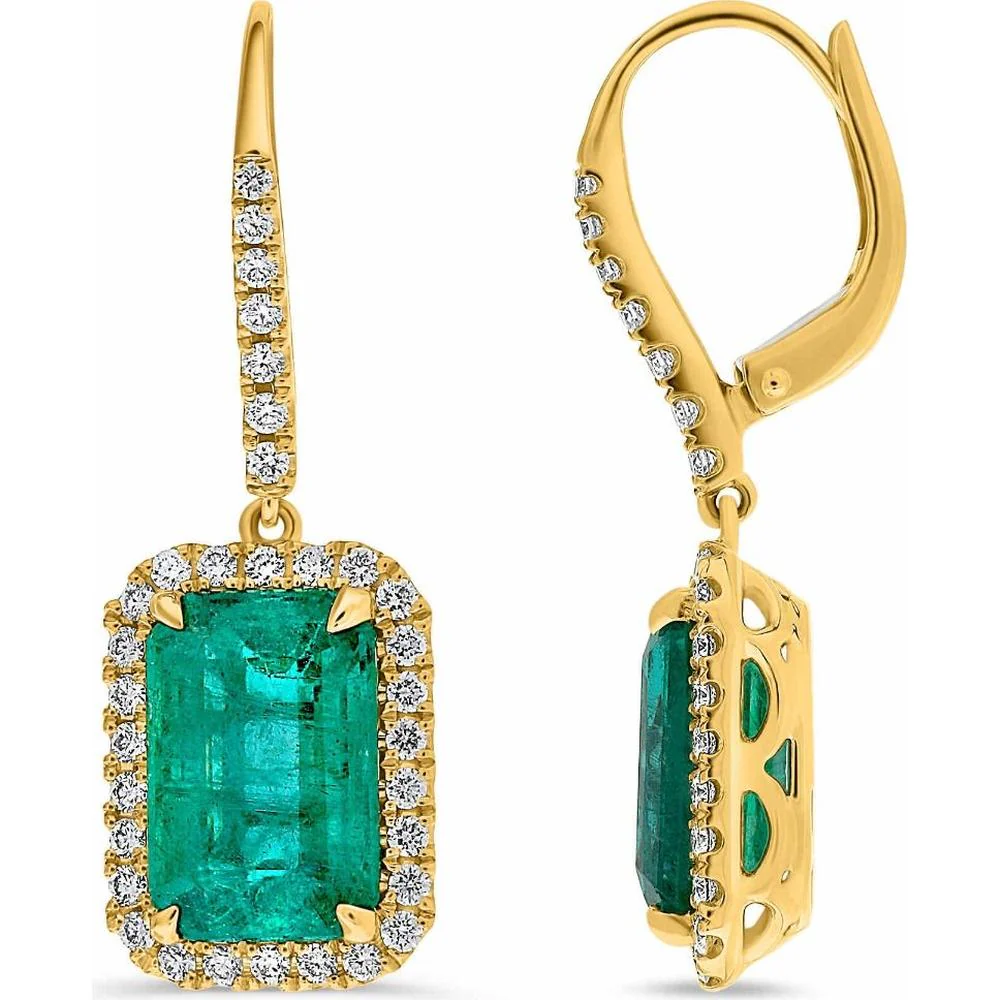 Roman & Jules - 18K Yellow Gold Emerald Cut Emerald Drop Earrings with Diamond Halo - 4.89 Carat Total Emerald Weight