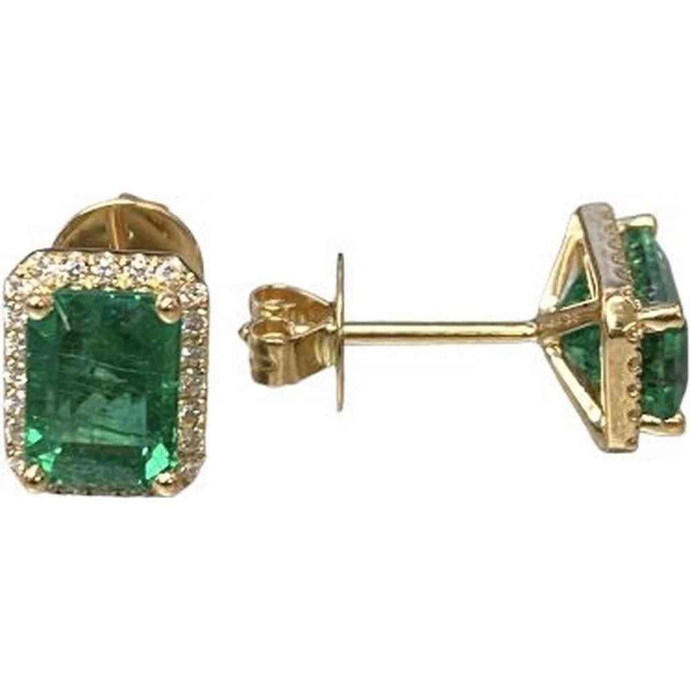 Roman & Jules - 18K Yellow Gold Emerald Cut Emerald Stud Earrings with Diamond Halo - 1.75 Carat Total Emerald Weight