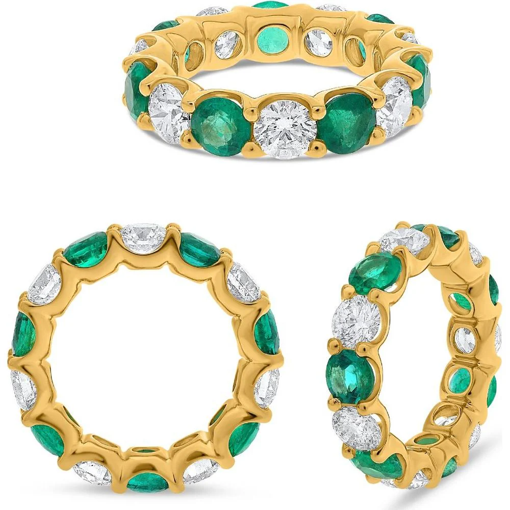 Roman & Jules - 18K Yellow Gold Eternity Band with Round Emeralds and Round Diamonds - 6.90 Carat Total Gemstone Weight
