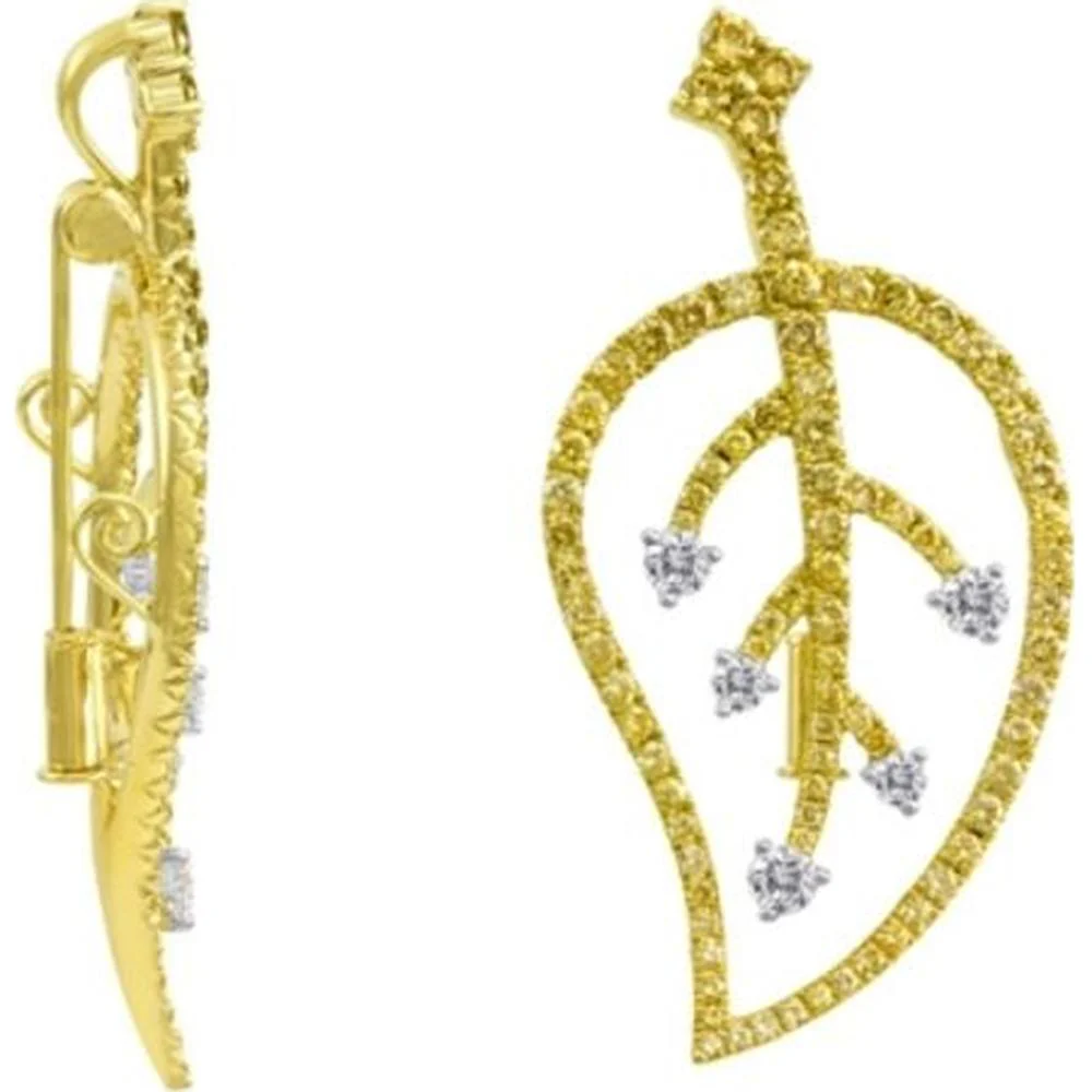 Roman & Jules - 18K Yellow Gold Fancy Yellow Diamond Leaf Earrings with Round Diamonds - 0.68 Carat Total Diamond Weight