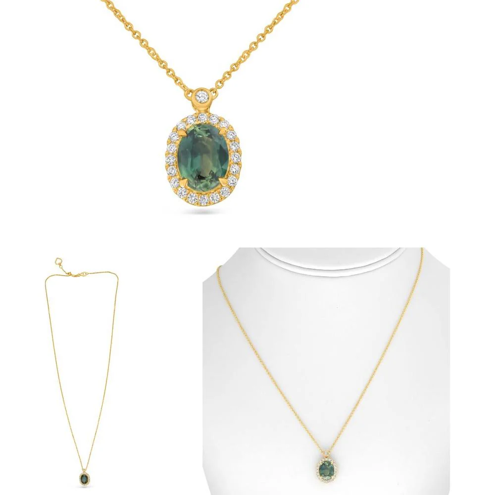 Roman & Jules - 18K Yellow Gold Green Sapphire Oval Necklace with Round Diamond Halo - 2.31 Carat Total Sapphire Weight