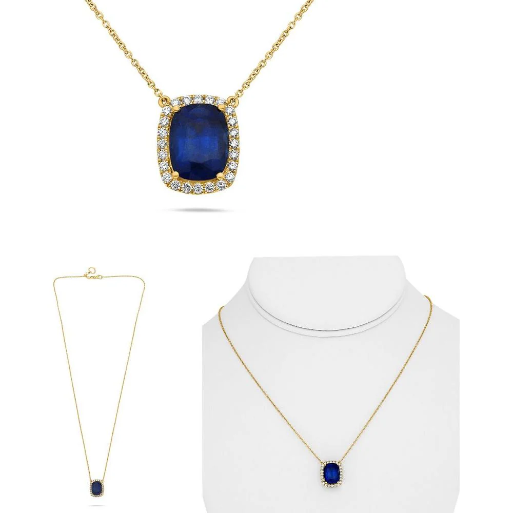 Roman & Jules - 18K Yellow Gold Halo Pendant Necklace with Cushion-Cut Sapphire - 4.18 Carat Total Sapphire Weight