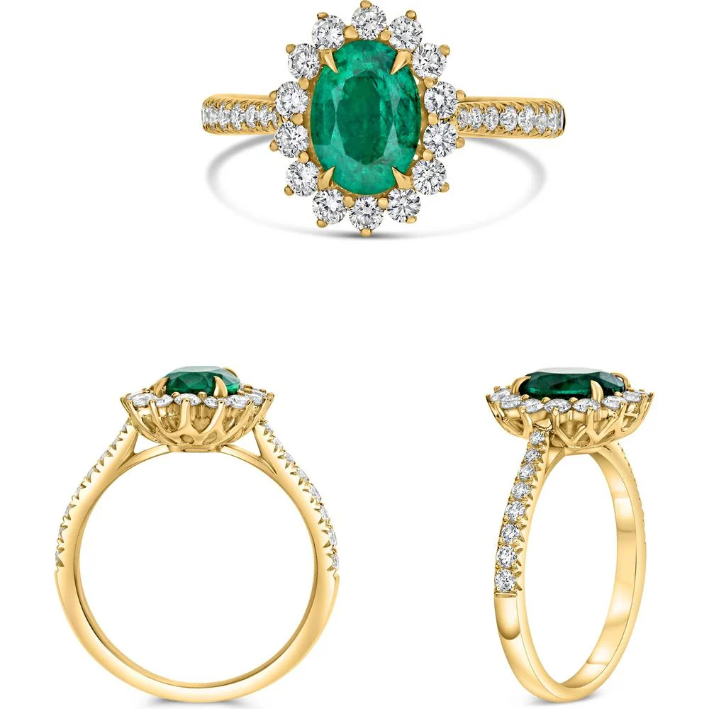 Roman & Jules - 18K Yellow Gold Halo Ring with 1.62 Carat Oval Emerald and 0.58 Carat Round Diamonds