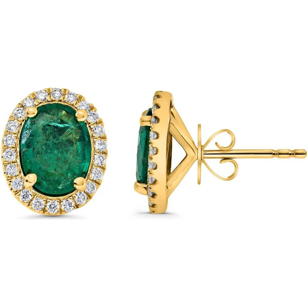 Roman & Jules - 18K Yellow Gold Halo Stud Earrings with Oval-Cut Emeralds and Round Diamonds - 3.42 Carat Total Gem Weight