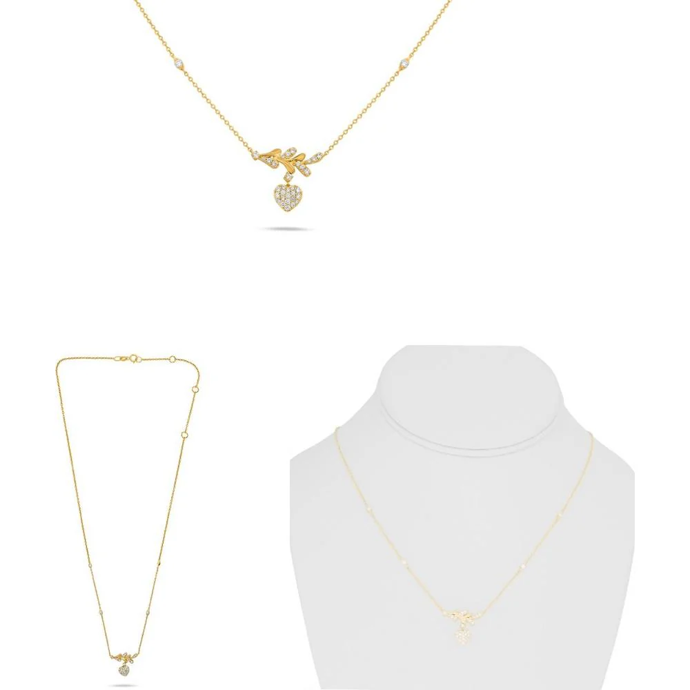 Roman & Jules - 18K Yellow Gold Heart and Leaf Pendant Necklace with 0.36 Carat Round Diamonds