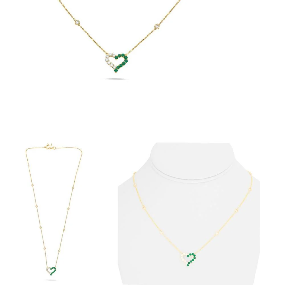 Roman & Jules - 18K Yellow Gold Heart Necklace with Diamond and Emerald Pendant - 0.62 Carat Total Diamond Weight, 0.34 Carat Emerald Weight